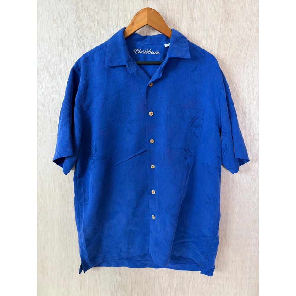 Caribbean Mens Royal Blue Floral Embroidered Short Sleeve Button Down Shirt L